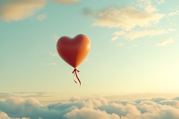 Fototapeta premium A vibrant heart-shaped balloon floats in a serene sky, radiating love and joy amidst soft clouds, perfect for romantic themes.