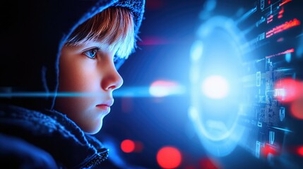 A young child gazes intently at a futuristic digital interface in a darkened room