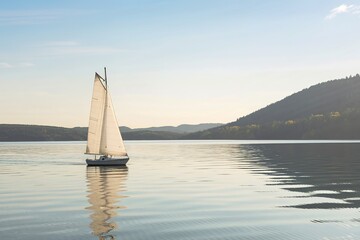 Obraz premium A serene scene of a sailboat gliding on a vast, calm lake
