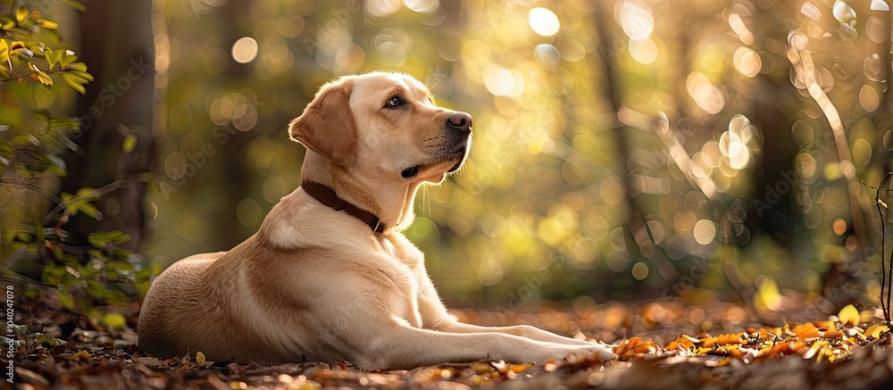Aufkleber a gorgeous labrador dog resting on the forest floor creating a serene scene for the copy space image