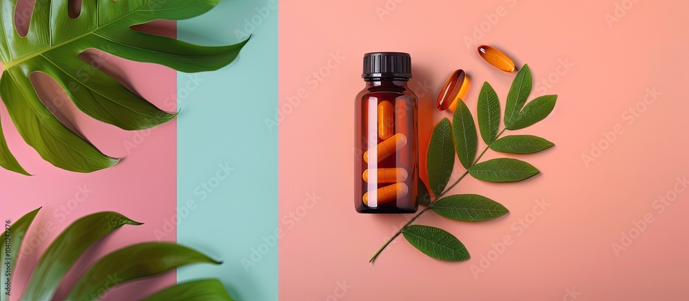 Poster top view of a bottle with pills and green leaves on a colorful backdrop providing ample copy space i