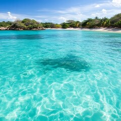 Fototapeta premium A serene tropical beach with clear turquoise water and lush greenery.