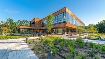 Fototapeta premium Outdoor view of a modern educational facility with unique architecture