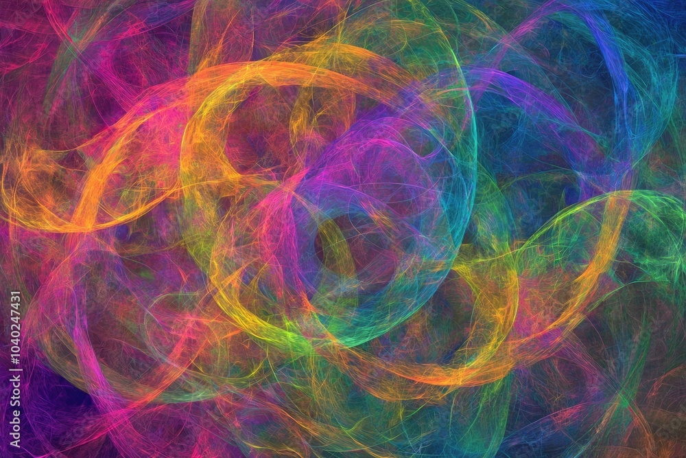 Poster colorful abstract swirl pattern on a dark background.