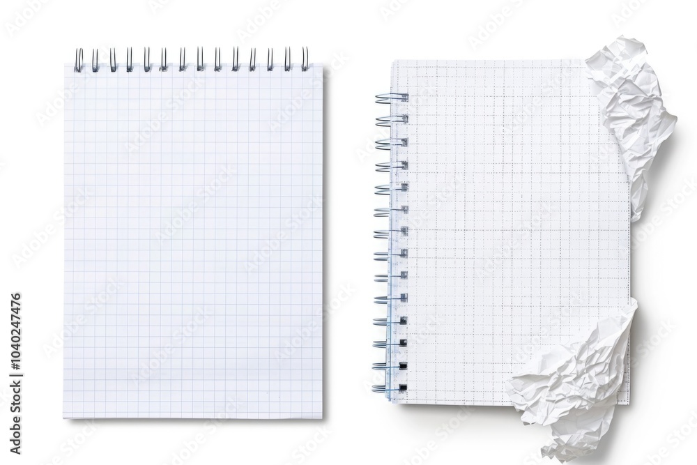 Poster a notepad and a crumpled notebook on a white surface, perfect for writing or sketching