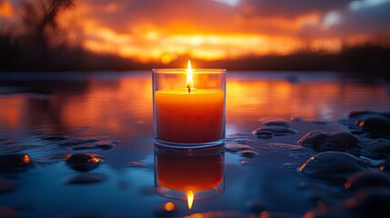 Peaceful sunset with a candle reflecting on water surface