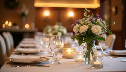  Elegant dining setup with candlelight and floral centerpiece