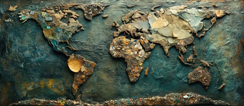 A world map made of garbage and plastic waste, on a dark blue background.