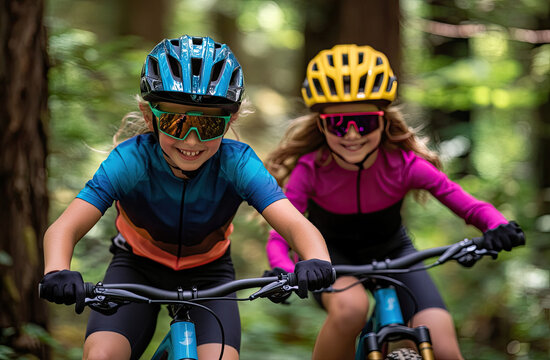 A boy and girl wearing helmets, sunglasses, and colorful cycling ride bicycles in the forest on a summer day. They smile with joy while riding their bikes together.