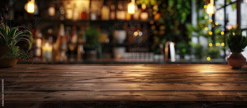 Poster product display mockup with an unoccupied dark wood table and a blurry bokeh restaurant scene in the