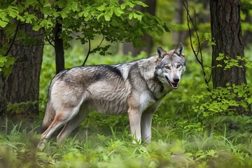 Fototapeta premium A wolf standing amidst a lush green forest