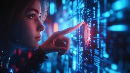 A user completing a payment with a fingerprint scan, glowing biometric interface and holographic data projections, futuristic retail space, blue ambient lighting, sleek modern technology, hd quality,