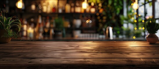 Product display mockup with an unoccupied dark wood table and a blurry bokeh restaurant scene in the background for copy space image