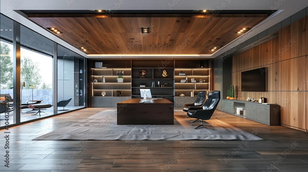 Poster modern workspace with minimalistic design and digital boards