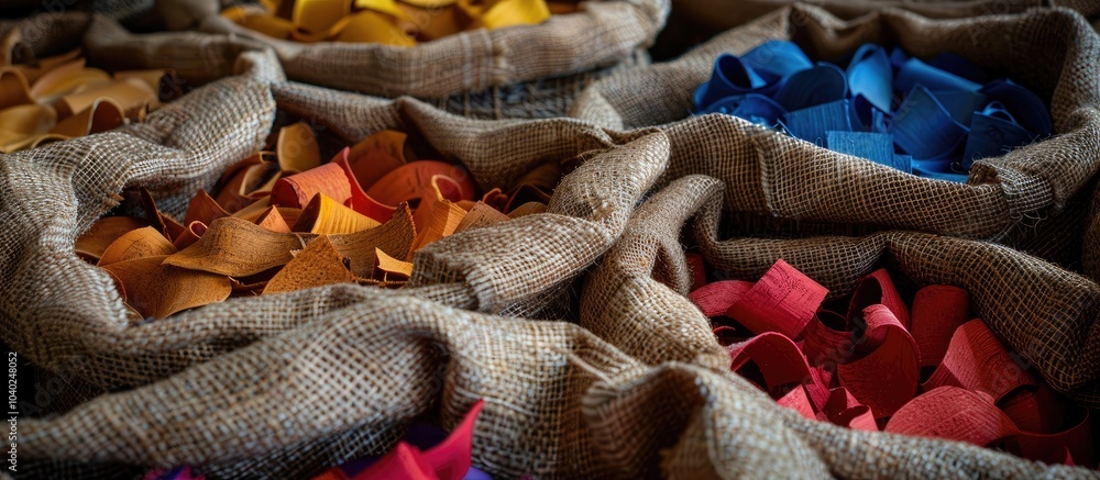 Poster burlap sacks filled with vibrant wooden pieces arranged neatly creating a visually appealing composi