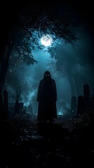 Mysterious Figure in Dark Graveyard Under Full Moon