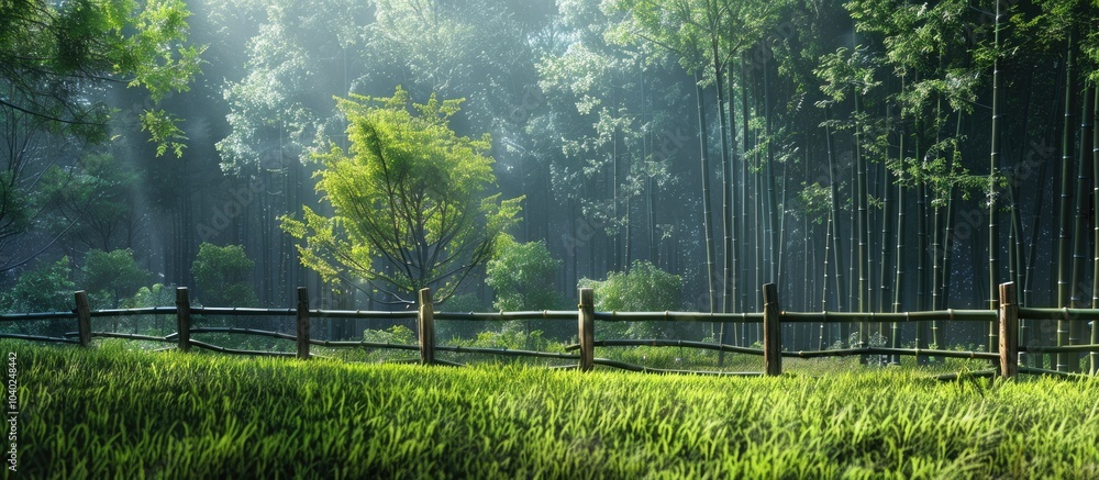 Poster bamboo fence and grassland in early summer set the scene in a 21st century forest and open space lan