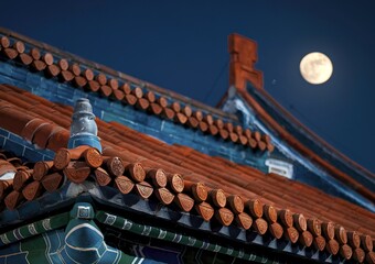 Close-up of ornate roof tiles on chinese building with moon background, night