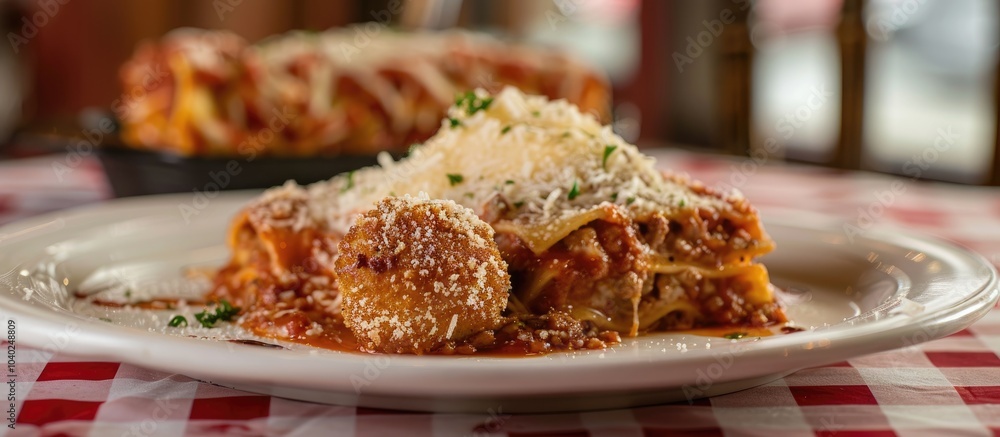 Poster a white plate topped with a skillet lasagna and two arancini set on a cozy restaurant table with a r