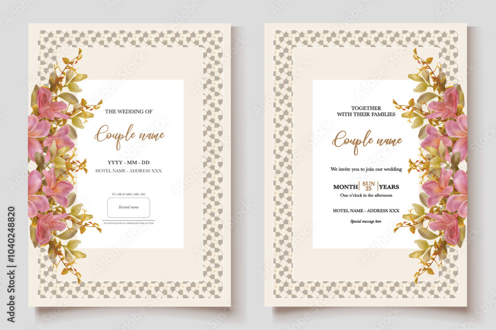 Sticker wedding invitation frame with flower decorations and fresh leaves