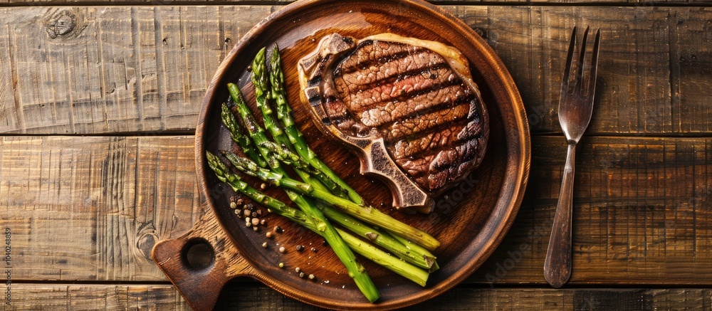 Poster top view of a wooden background showing a bone in rib eye steak with roasted asparagus on a plate wi