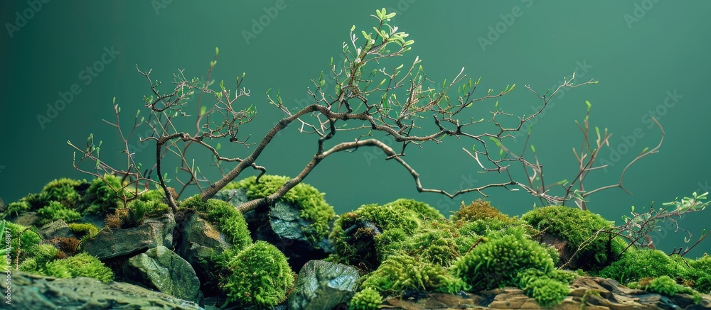 Poster green backdrop showcasing moss stones and dry branches creating an abstract natural setting with spa