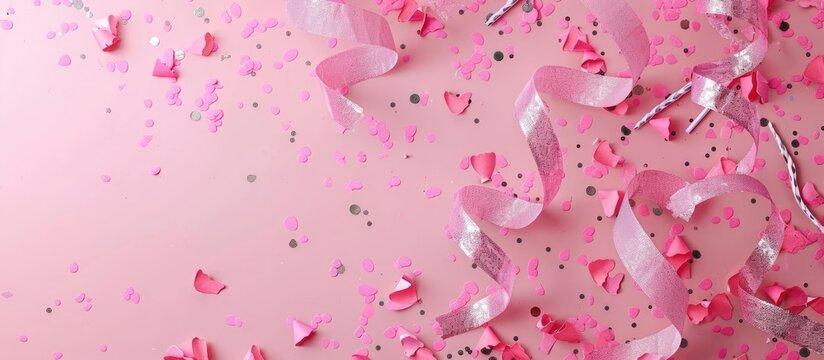 Pink confetti streamers and a single silver streamer on pink backdrop like festive decorations ideal for birthdays or parties Includes copy space image