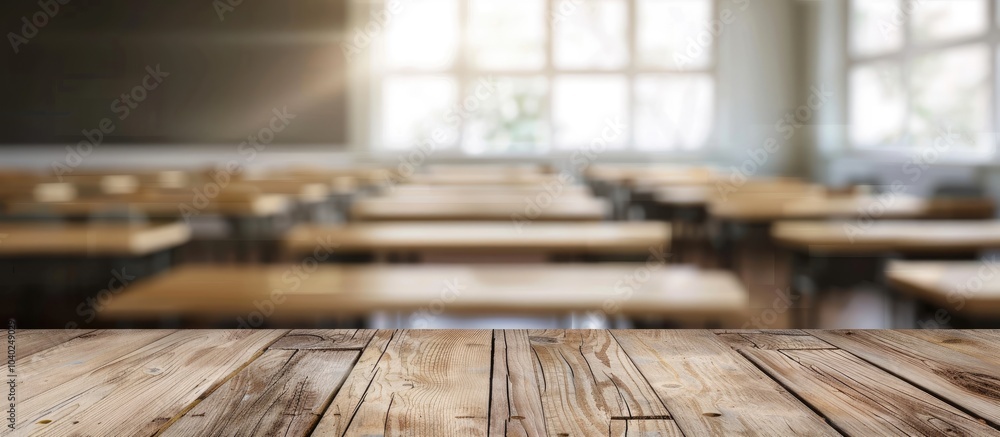 Poster an empty wooden table with a blurred classroom background offers a copy space image for advertising 