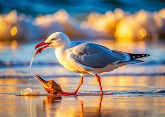 Obraz premium Silver Gull Feasting on Crab by the Shore - Captivating Wildlife Scene for Nature Lovers