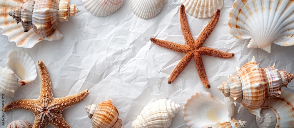Poster a collection of seashells including a prominent brown starfish is arranged on white paper creating a