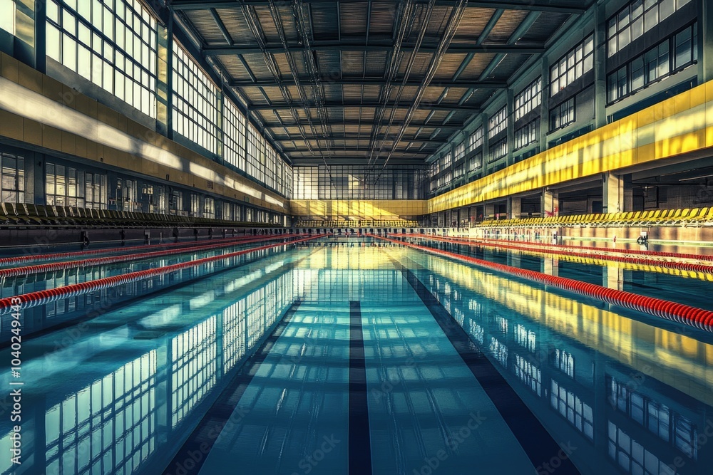 Poster a large indoor swimming pool surrounded by a building, suitable for use in architecture and design p