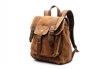 A close-up view of a brown leather backpack on a white background