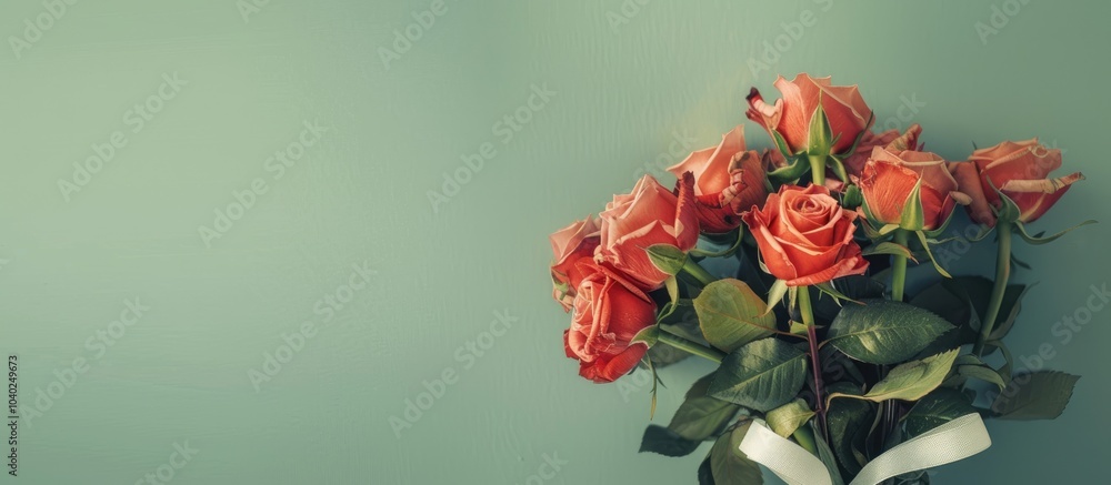 Poster close up image of a bouquet of roses with a white ribbon on a light green background ideal for addin