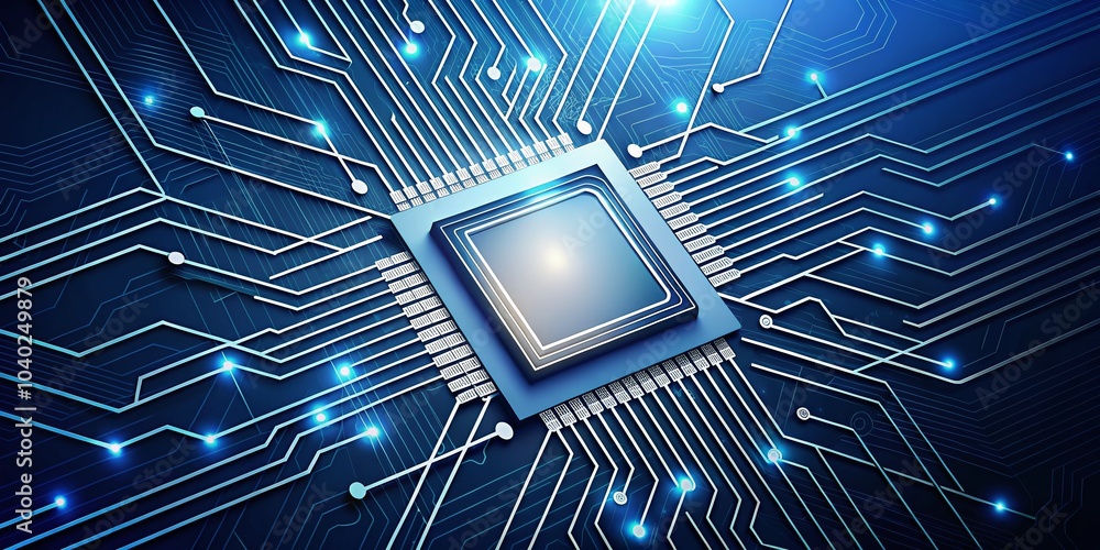 Poster simple cpu illustration with data flow on dark blue background for technology and digital design