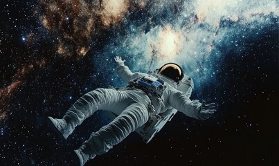 Fototapeta premium Astronaut Floating in Space Amidst Stars and Galaxy