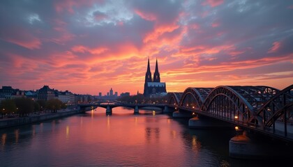Naklejka premium Glowing sunset over a serene river and bridge