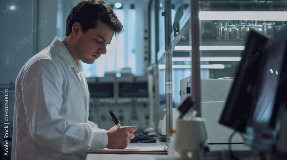 Poster a scientist in a lab coat writing notes on a piece of paper, possibly recording an experiment or mak