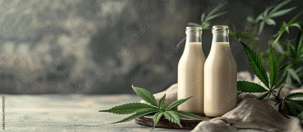 Poster glass bottles of hemp milk on a table with a copy space image