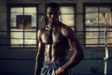 Fototapeta premium Man preparing for fight, wearing gloves and shorts