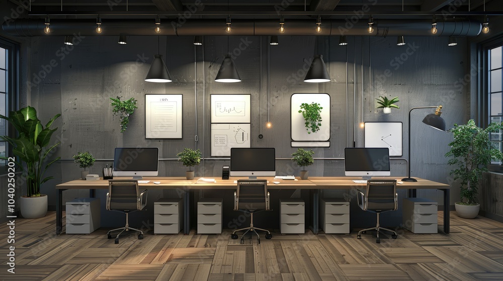 Poster Modern workspace with minimalistic design and digital boards