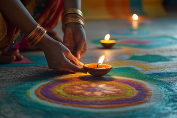 Obraz premium Diwali,Colorful clay diya lamps with flowers Diwali, Hindu festival of lights celebration. Diya oil lamps against dark background,