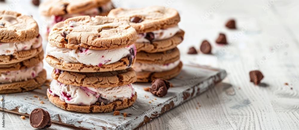 Aufkleber a tempting display of ice cream cookie sandwiches on a rustic white table with blank copy space imag