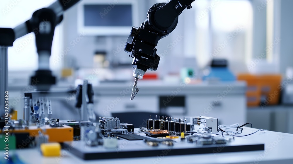 Poster A robot performing precision assembly tasks on intricate electronic components in a clean, high-tech electronics lab with organized workstations, Electronics assembly tech style