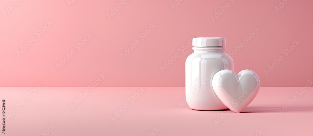 Poster Heart shaped object with a white pill bottle on a pink backdrop with ample copy space image