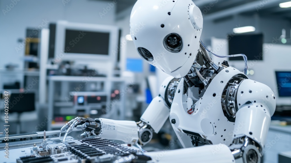 Poster A robot performing precision calibration on advanced robotics equipment in a modern robotics workshop, clean and detailed environment, Calibration-tech style