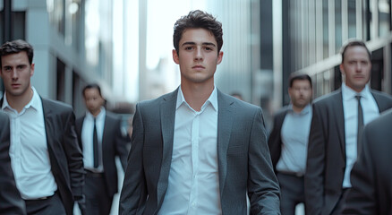a young man in business attire stands out among his colleagues, leading an office team with confidence and determination.