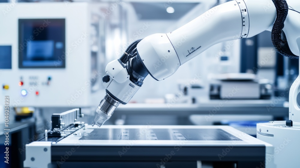 Aufkleber A robot performing precision calibration on advanced robotics equipment in a modern robotics workshop, clean and detailed environment, Calibration-tech style