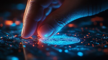 Close-up of a finger pressing on a touchscreen to sign a digital document, glowing fingerprint pattern and holographic signature confirmation, bright neon blue lighting, dark futuristic environment,
