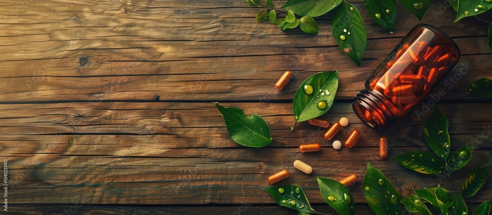 Poster a bottle containing pills and green leaves is displayed on a wooden surface from a top angle creatin