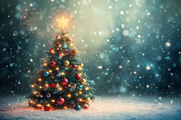 Obraz premium A festive illustration of a Christmas tree adorned with colorful ornaments, twinkling lights, and a shining star on top